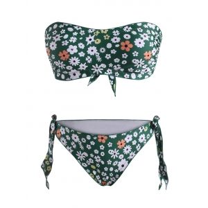 

Ditsy Print Lettuce Trim Tie Side Strapless Bikini Swimwear, Deep green