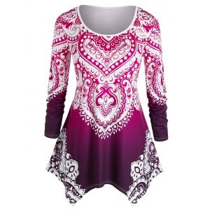 

Plus Size Handkerchief Ombre Tribal Print Tee, Deep pink