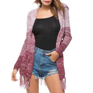 

Heathered Tassels Open Front Hooded Cardigan, Red