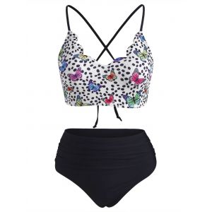 

Spotted Butterfly Print Ribbed Scalloped Crisscross Tankini Swimwear, Black