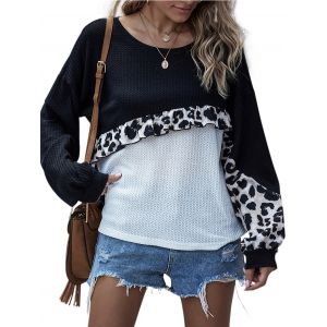 

Leopard Panel Flounces Colorblock Knitwear, Black