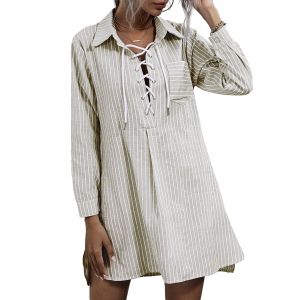 

Striped Lace-up Front Pocket Shirt Dress, Light coffee