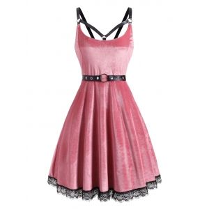 

Lace Hem Velvet Grommet Caged Cami Dress, Light pink