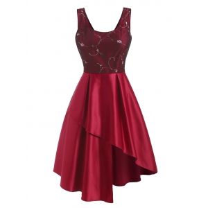 

Mesh Floral Embroidered Asymmetrical Retro Dress, Red