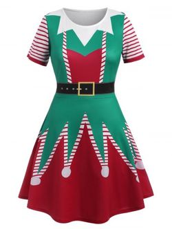Plus Size Christmas 3D Printed Flare Dress - RED - XL