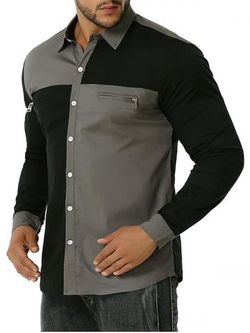 Zipper Detail Button Up Contrast Shirt - GRAY - S