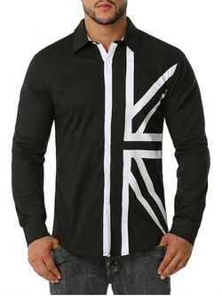 Button Up Contrast UK Flag Print Shirt - BLACK - S
