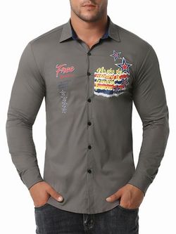 Free Graphic Print Button Up Shirt - GRAY - S