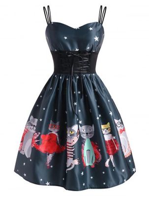 Lace-up Funny Cat Star Print A Line Dress