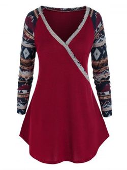 Plus Size Aztec Graphic Raglan Sleeve Curved Hem Knit Tee - RED - L