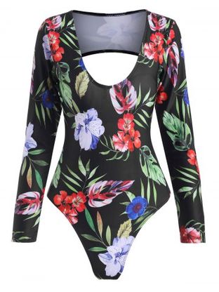 Floral Leaf Open Back Long Sleeve One-piece Swimsuit