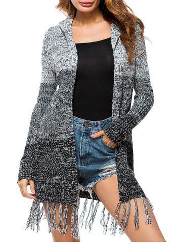 Heathered Tassels Open Front Hooded Cardigan - GRAY - S