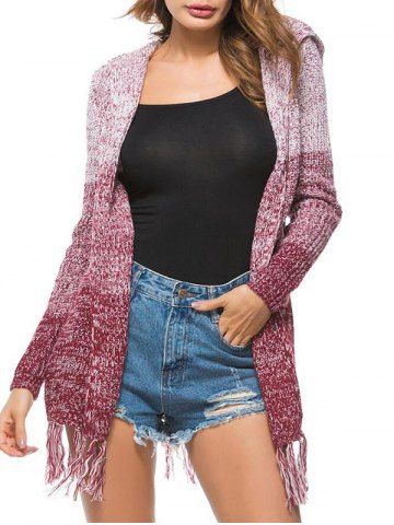 Heathered Tassels Open Front Hooded Cardigan - RED - S