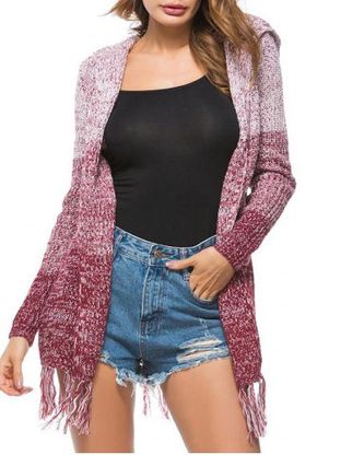 Heathered Tassels Open Front Hooded Cardigan