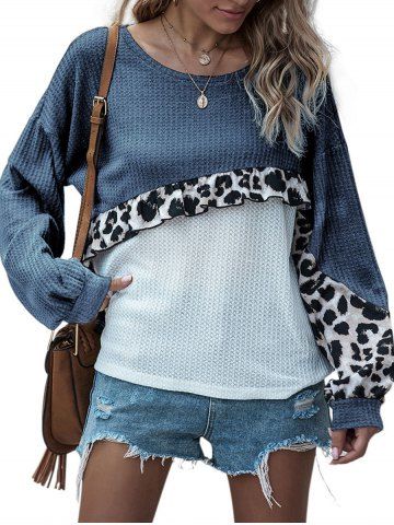 Leopard Panel Flounces Colorblock Knitwear - BLUE - XL