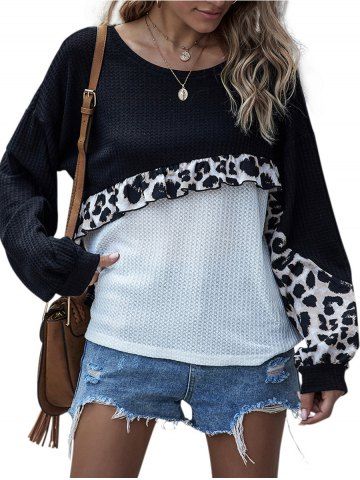 Leopard Panel Flounces Colorblock Knitwear - BLACK - S