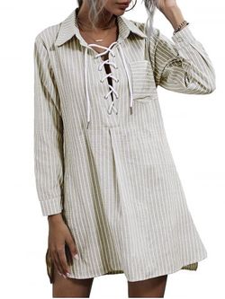 Striped Lace-up Front Pocket Shirt Dress - LIGHT COFFEE - S