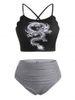 Plus Size Chinese Dragon Print Ribbed Striped Ruched Tankini Swimwear -  