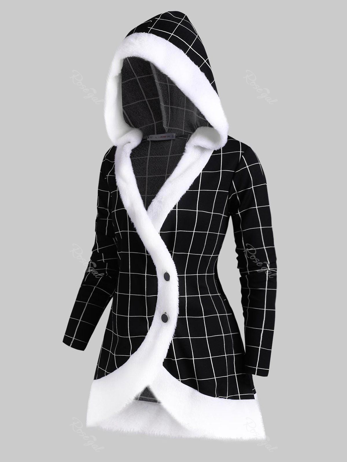

Hooded Plaid Grid Faux Fur Panel Plus Size Jacket, Black