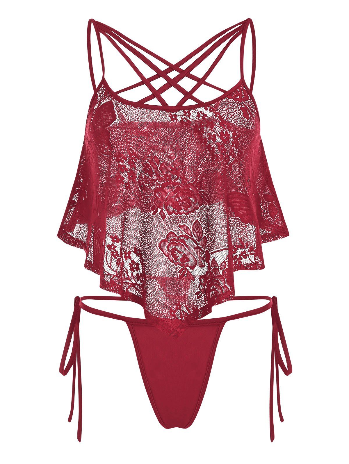 

Pointed Hem Criss-cross Flower Lace Sexy Lingerie Set, Red wine