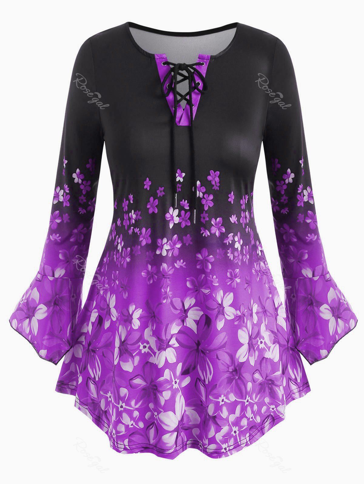 

Plus Size Flower Print Lace Up Flare Sleeve T-shirt, Medium orchid