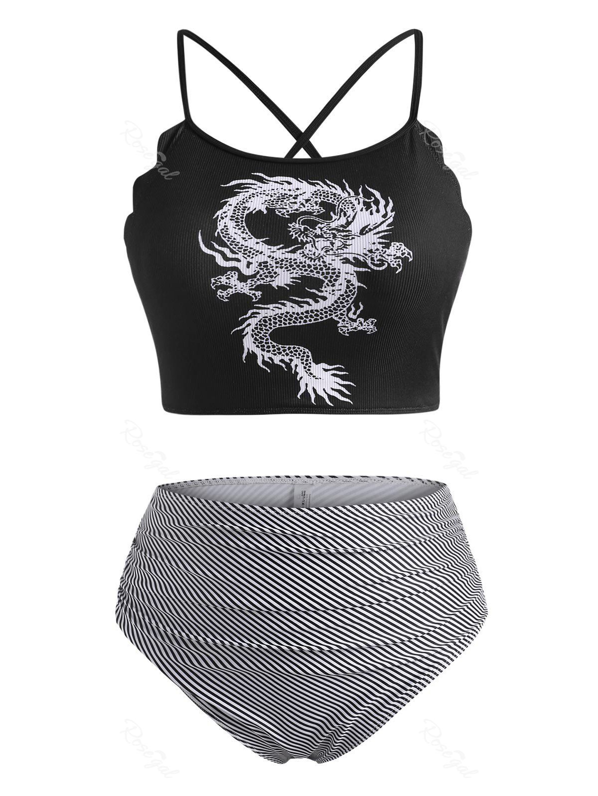 Chic Plus Size Chinese Dragon Print Ribbed Striped Ruched Tankini Swimwear  