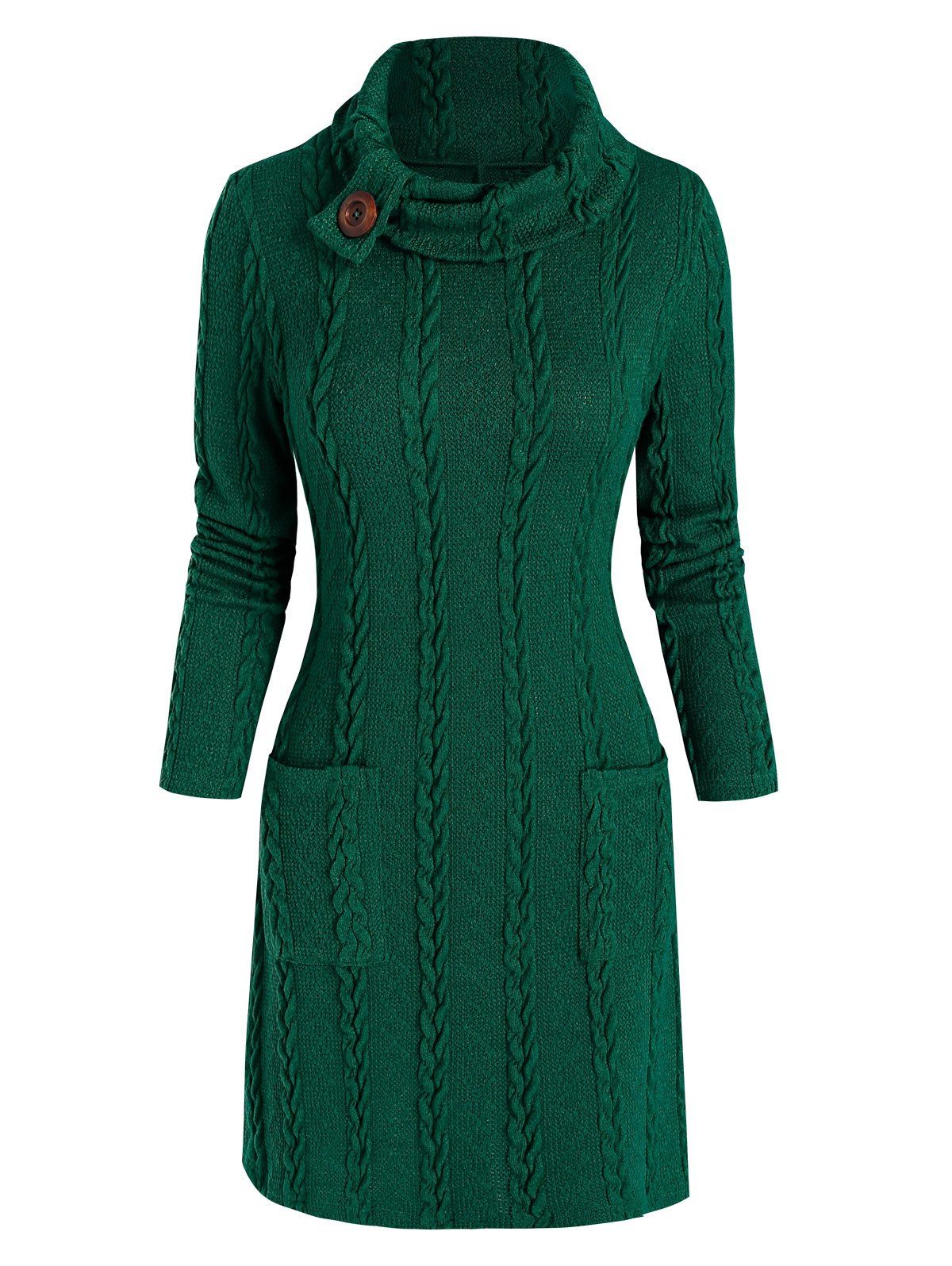 

Pockets Turtleneck Cable Knit Mini Sweater Dress, Deep green