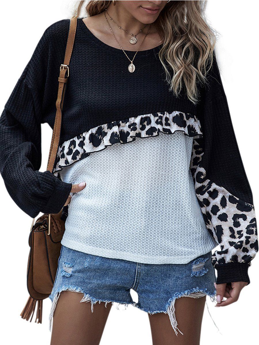 

Leopard Panel Flounces Colorblock Knitwear, Black