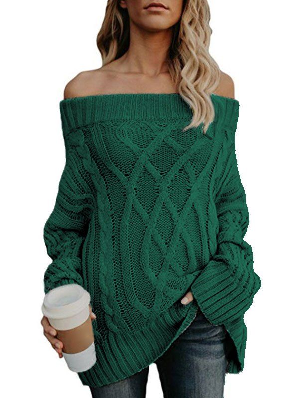 

Off The Shoulder Cable Knit Chunky Sweater, Deep green