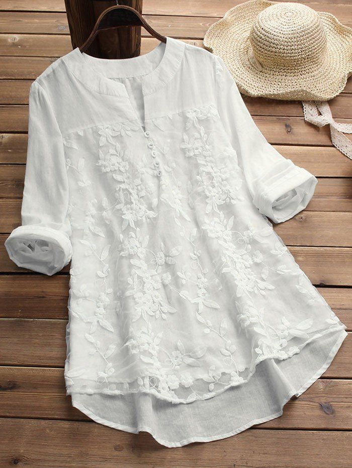 

Plus Size Embroidered High Low Tunic Blouse, White
