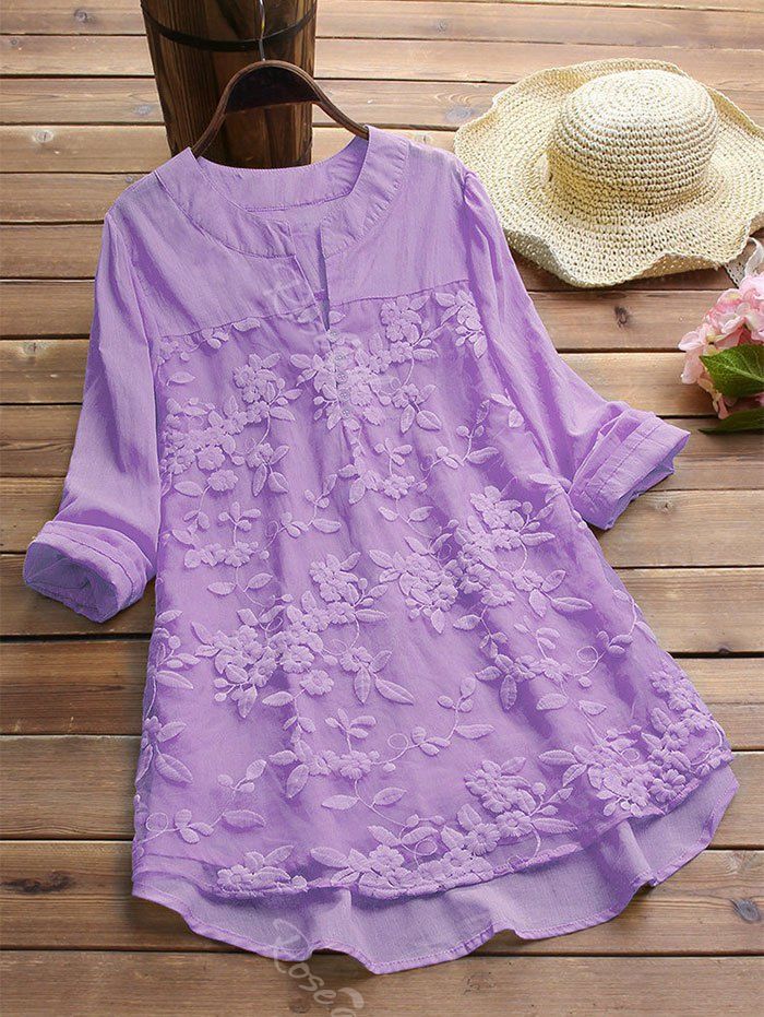 

Plus Size Embroidered High Low Tunic Blouse, Purple