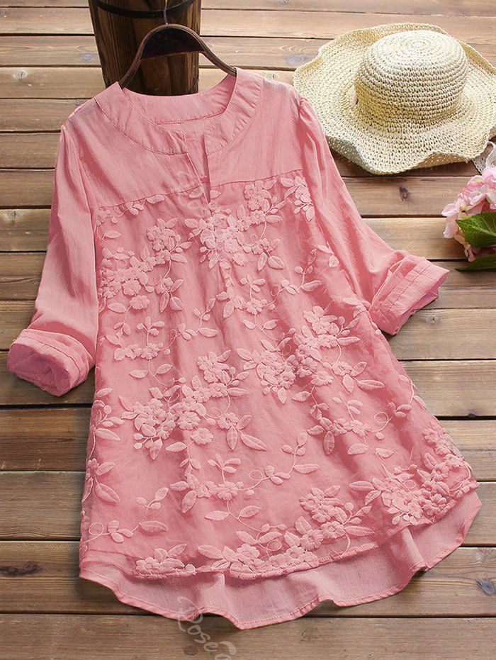 

Plus Size Embroidered High Low Tunic Blouse, Light pink