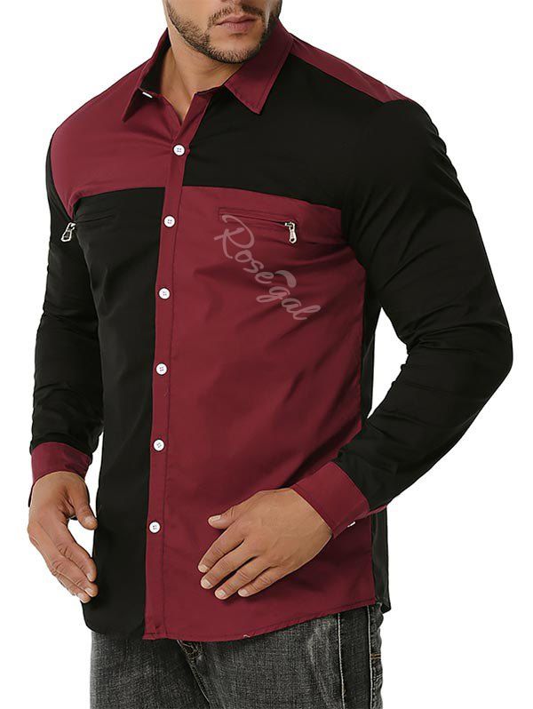 Zipper Detail Button Up Contrast Shirt [68% OFF] | Rosegal