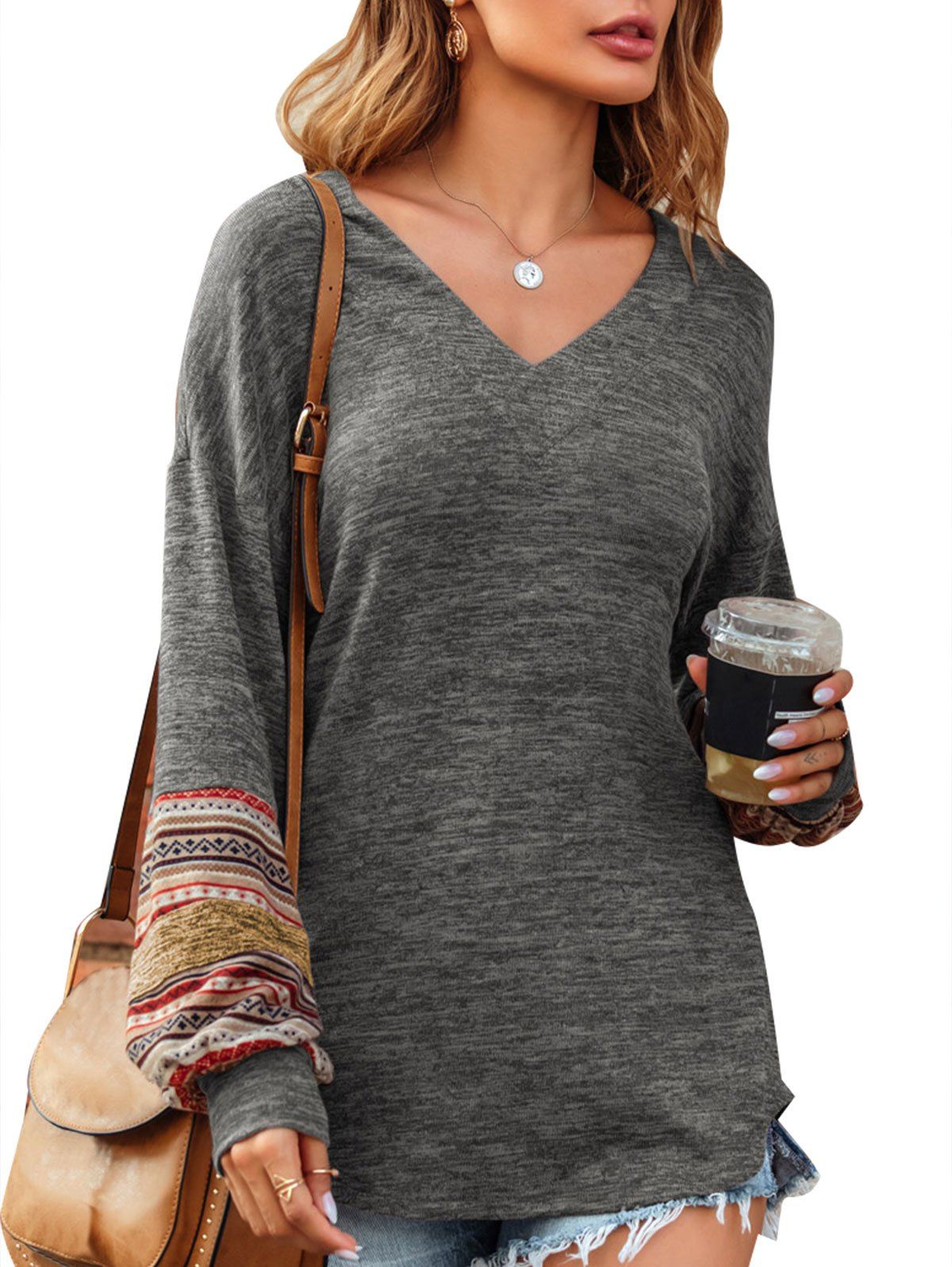 

V Neck Ethnic Heathered Knitwear, Dark gray
