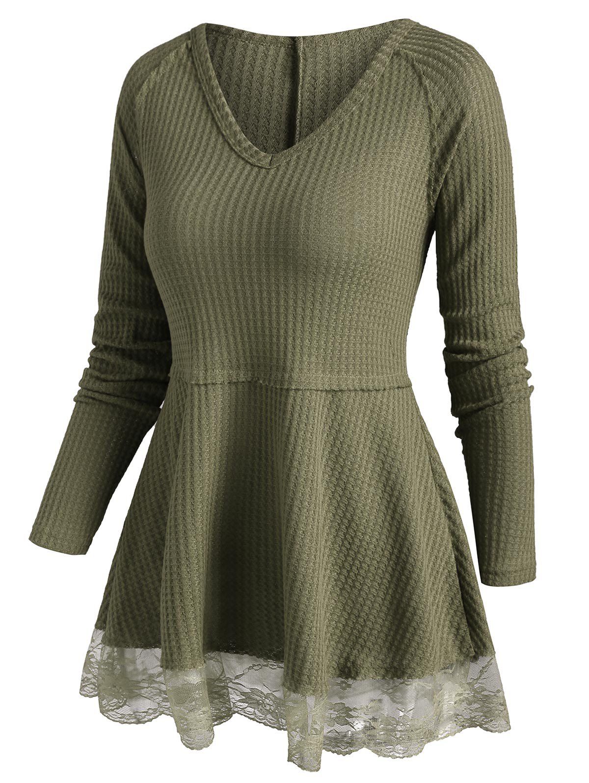 Lace Sheer Hem Raglan Sleeve Tunic Knitwear, Green
