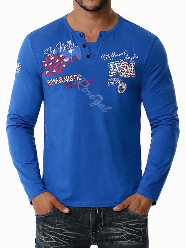 T-shirt Henley Drapeau Américain Lettre Brodée Bleu L