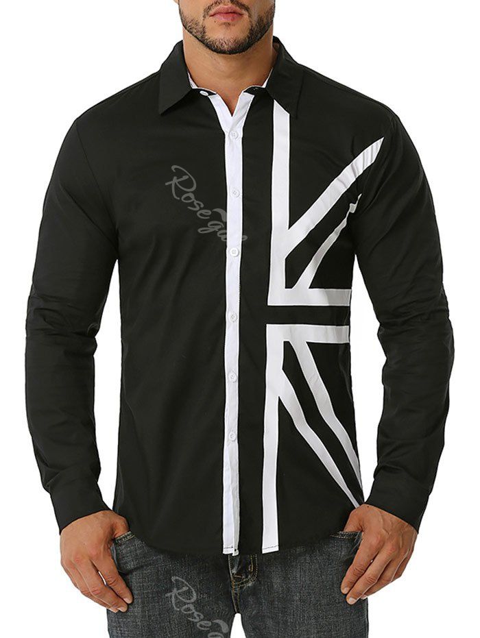 

Button Up Contrast UK Flag Print Shirt, Black