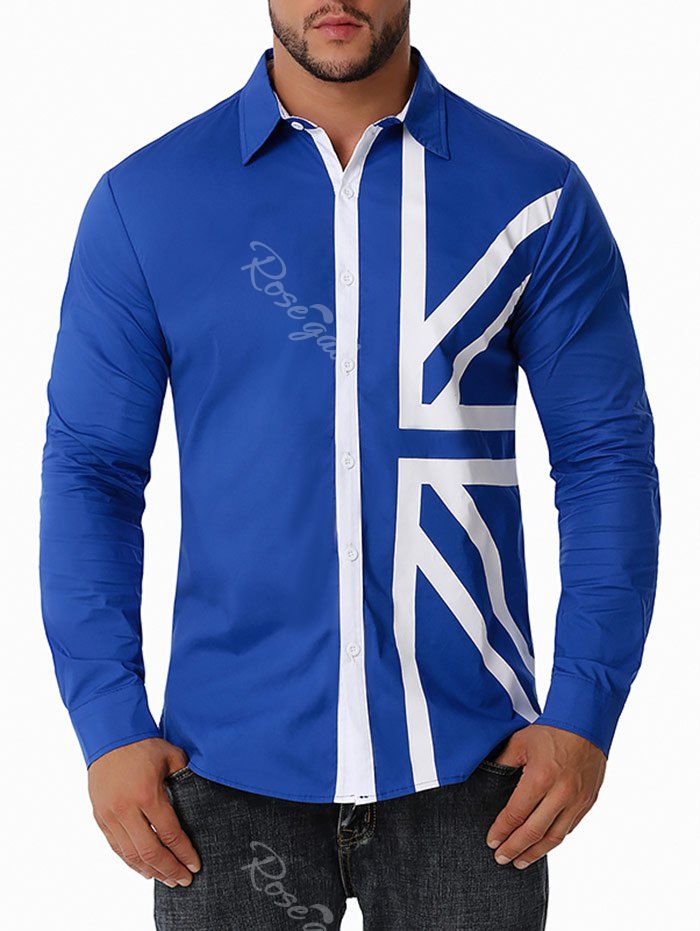

Button Up Contrast UK Flag Print Shirt, Blue