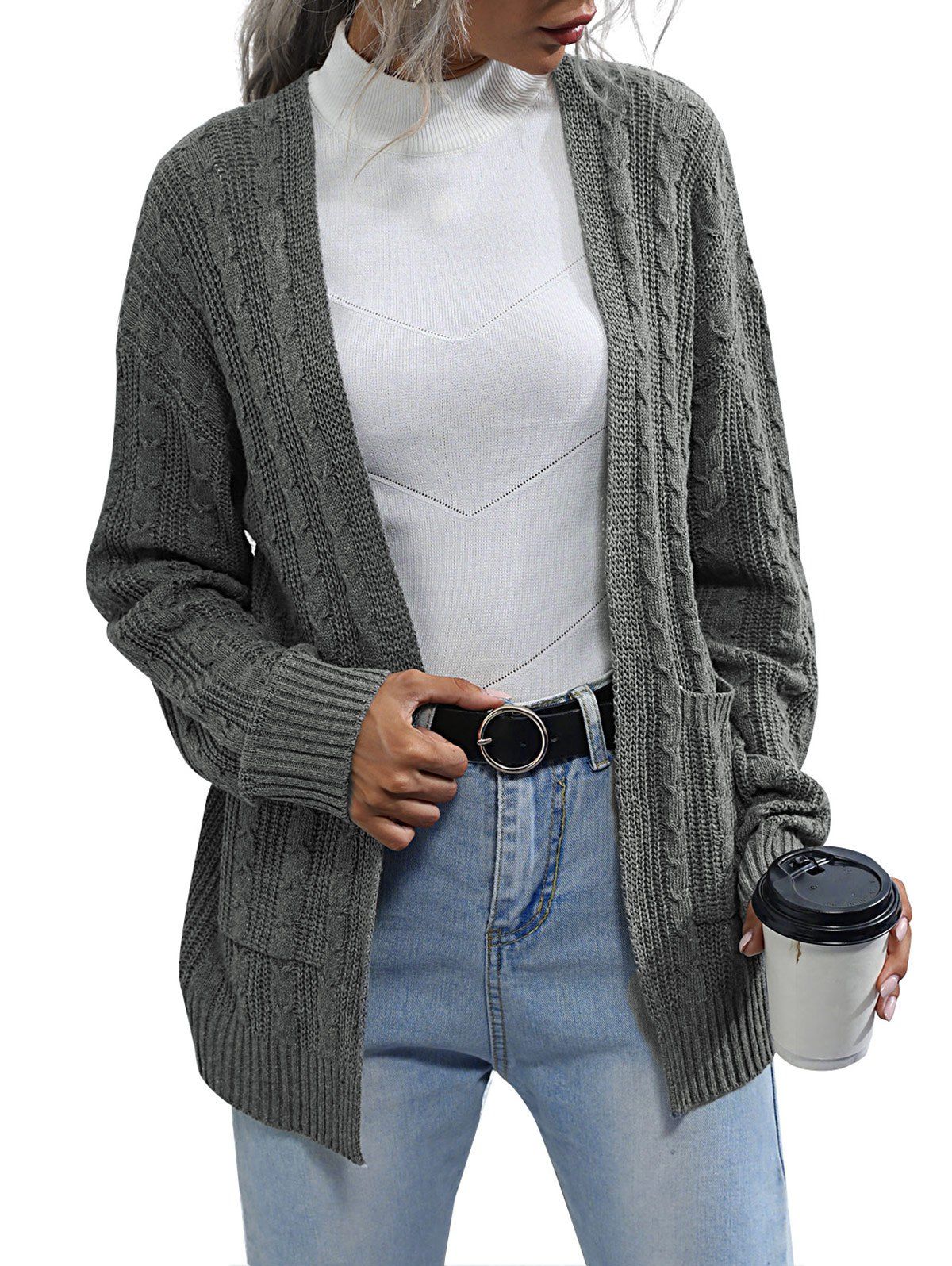

Cable Knit Front Pockets Open Cardigan, Gray