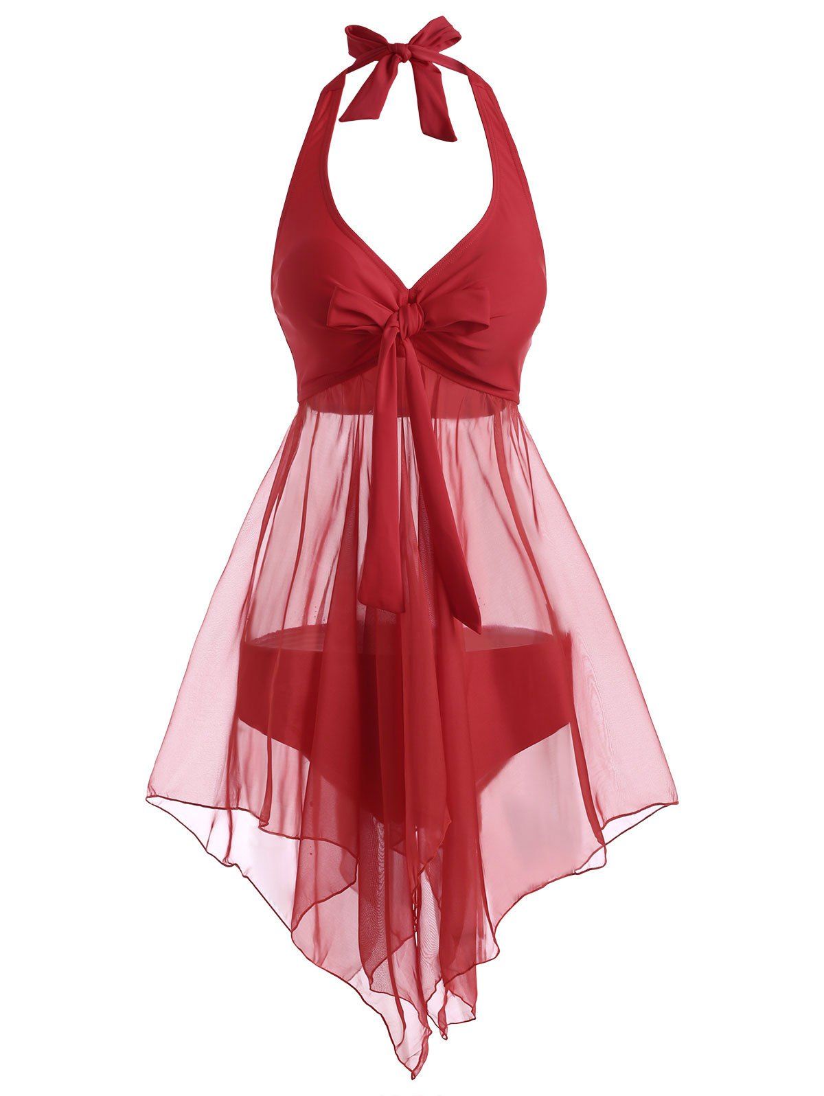 

Halter Bowknot Voile Panel Asymmetrical Tankini Swimwear, Red