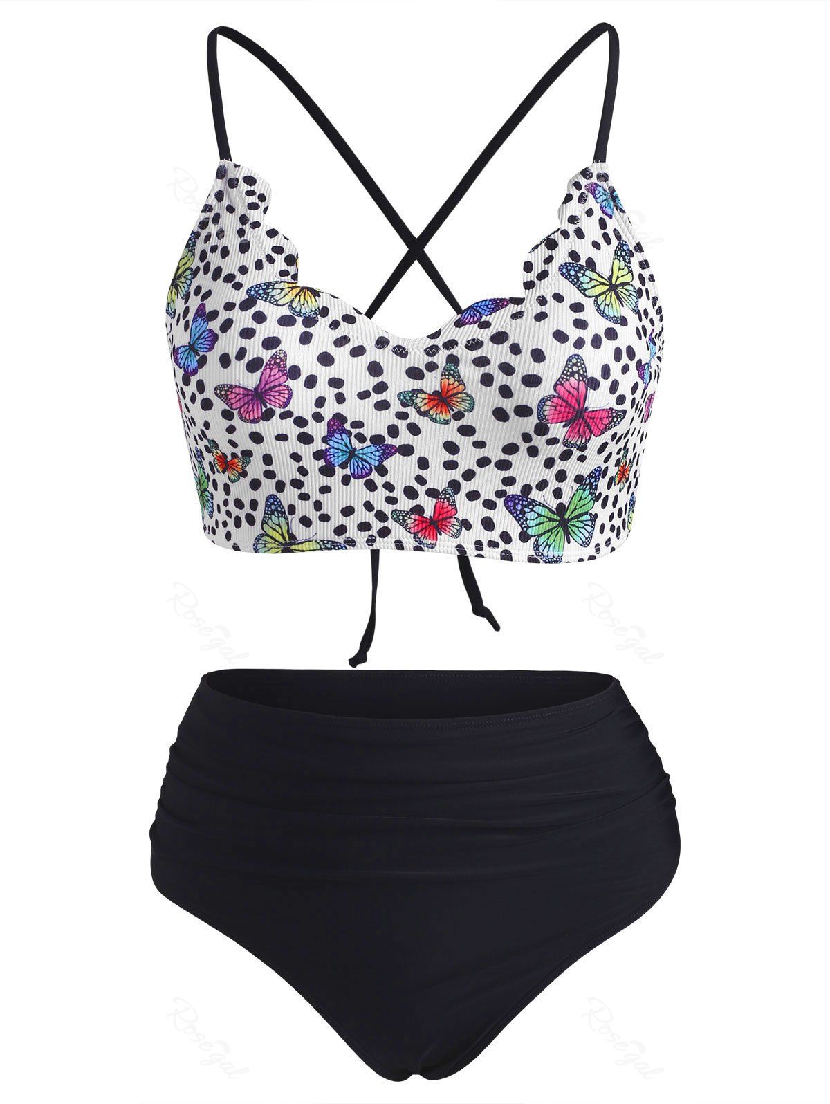 

Spotted Butterfly Print Ribbed Scalloped Crisscross Tankini Swimwear, Black