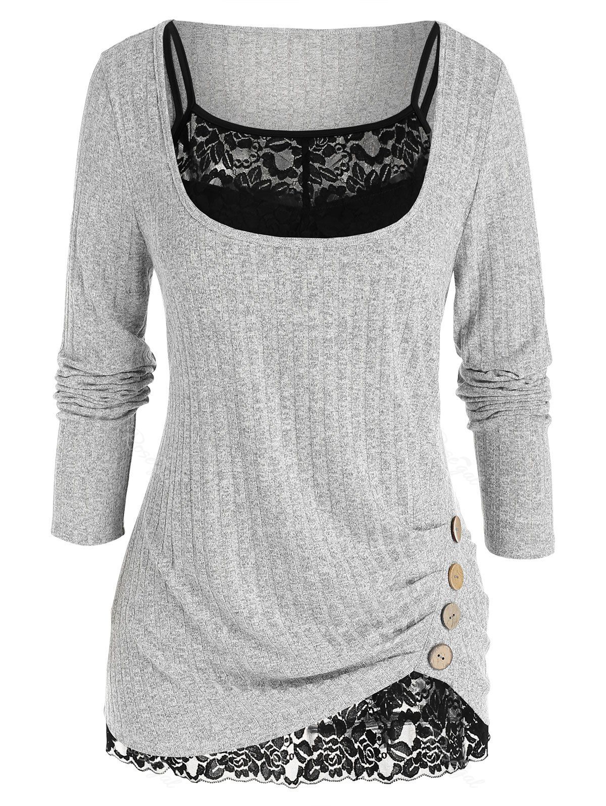 

Plus Size Ruched Wide Rib Sweater with Sheer Lace Top Set, Light gray