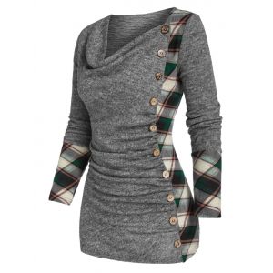 

Cowl Neck Mock Button Plaid Panel Knitted T Shirt, Ash gray