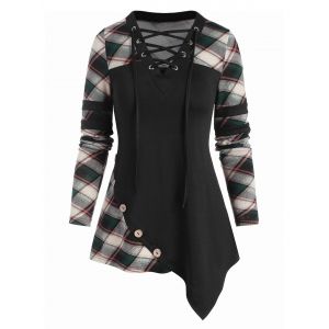 

Plaid Print Lace-up Mock Button Asymmetrical T-shirt, Black