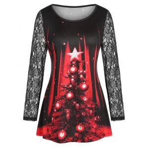 

Plus Size Christmas Ball See Thru Lace Sleeve Tee, Red