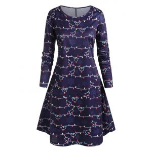 

Plus Size String Lights and Snowflake Print Knee Length Dress, Deep blue