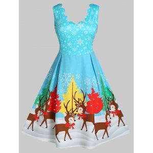 

Plus Size Christmas Snowflake Elk Scalloped A Line Dress, Light blue