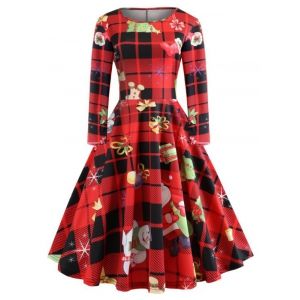 

Christmas Tree Plaid Santa Claus Bells Plus Size Dress, Red