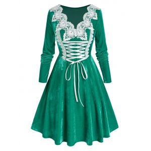 

Plus Size Velvet Lace-up Applique Panel Long Sleeve Dress, Green peas