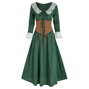 

Lace Insert Bowknot Heathered Dress and Lace-up Corset, Deep green